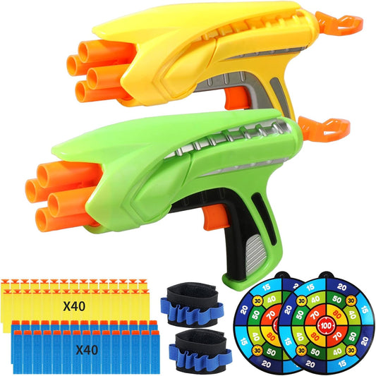 2 Pack Blaster Guns Compatible with Nerf Guns Bullets, Toy Guns for Boys Girls with 80 Pack Foam Refill Darts, Hand Gun Toys for 6+ Year Old Birthday Xmas Gifts for Kids & Teens (Yellow and Green)