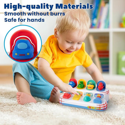 Interactive Cause & Effect Pop Up Vehicle Toys for Toddlers 1-3 Years, Sensory Montessori Toys for Infants 8-12 Months, Fun Hide and Seek Play for Boy Girl