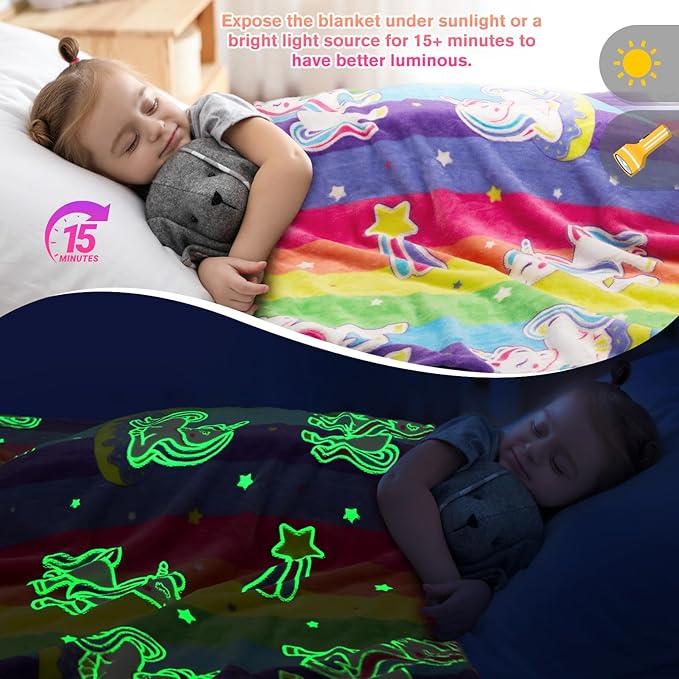 Unicorn Gifts Toys for Girls Kids - Glow in The Dark Rainbow Blanket Best Christmas Birthday Valentines Easter Decor Present for Age 1-14 Years Old Teens Child Toddler Daughter Soft Cozy Throw 50"x60"