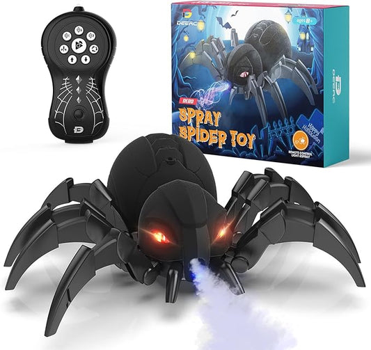 DEERC Remote Control Spider, Robot Spide with Spray and Lights, Black Widow Toy for Kids, for Halloween Xmas Birthday Party Joke Prank, Wireless RC Realistic Bot Moving Real Music Effect Tarantula