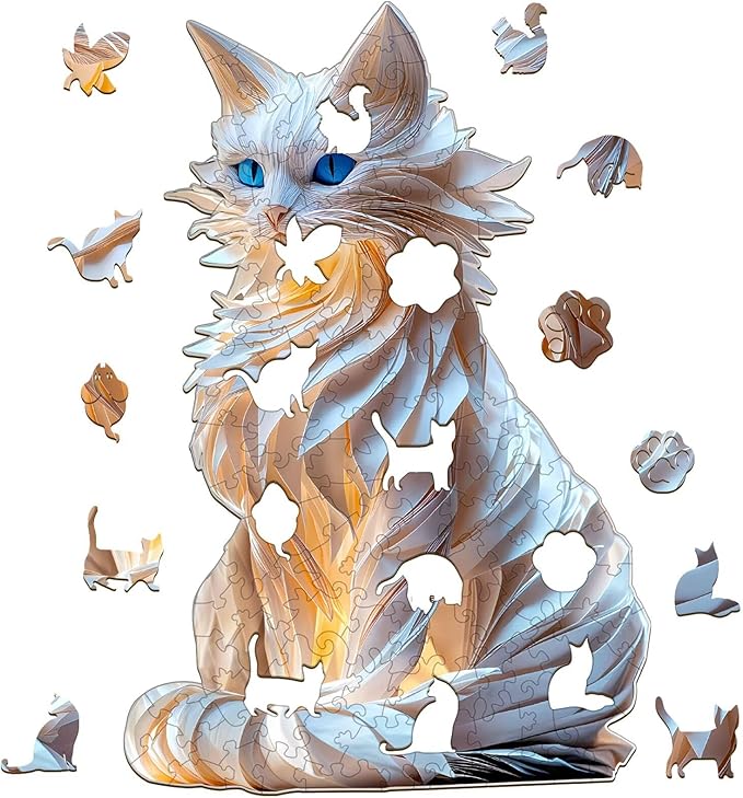 White Cat Wooden Puzzles for Adults, Unique Animal-Shaped Jigsaw Puzzles, Irregular Wood Puzzle Adult Birthday for Cat Lovers Family Friend, 80 Pieces 8.5 * 8.4in