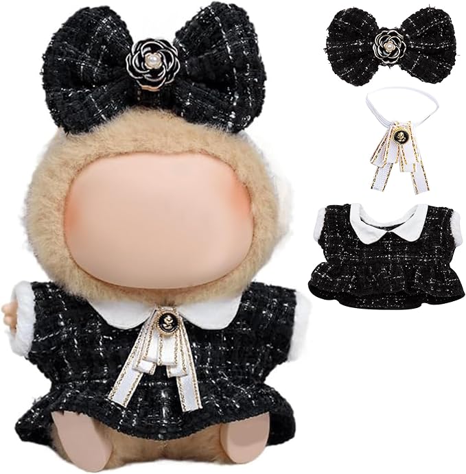 17cm Doll Clothes for labubu - Luxury Chic Style Set for 17cm Dolls, Premium Doll Outfit with Accessories - Black Plaid Tweed Dress + White Necktie + Plaid Bow (Clothes Only)
