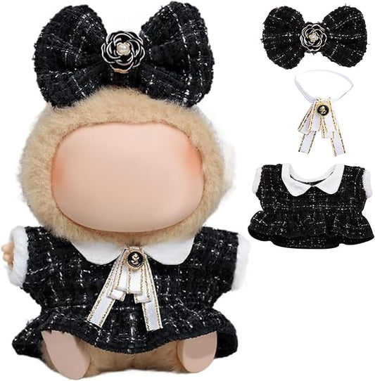 17cm Doll Clothes for labubu - Luxury Chic Style Set for 17cm Dolls, Premium Doll Outfit with Accessories - Black Plaid Tweed Dress + White Necktie + Plaid Bow (Clothes Only)