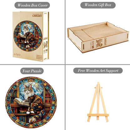 Wooden Puzzles Adults, Maine Cat Library Wooden Puzzles 100 Pieces, Unique Animal Shaped Wood Challenging Jigsaw Puzzles Gifts for Adults, 8.5x8.5in
