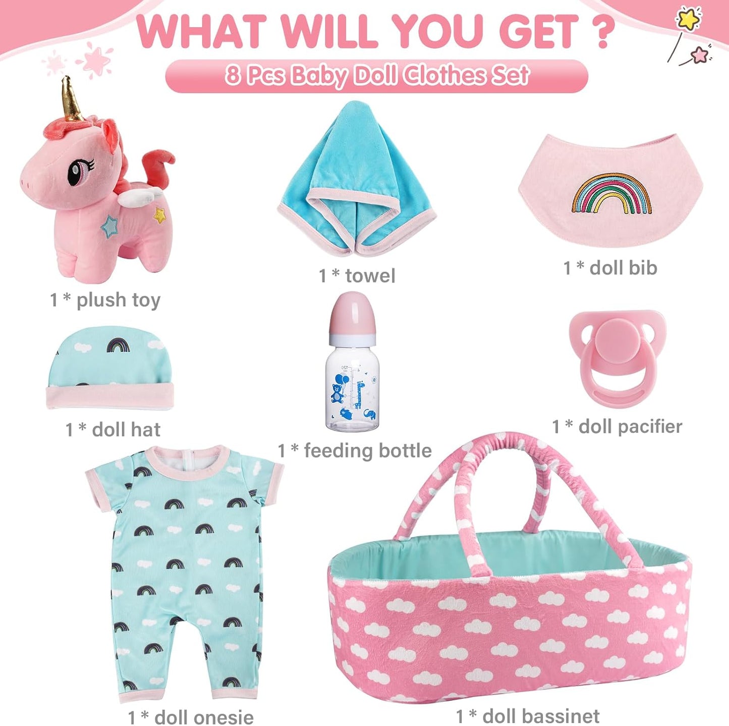 BABESIDE 8 Pcs Reborn Baby Doll Accessories with Bassinet for 17-22 Inch Baby Dolls, Babies Doll Clothes Outfit Accessories fit Reborn Doll Newborn Boy