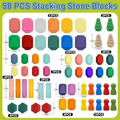 58PCS Montessori Wooden Stacking Rocks Toys Colorful Stacking Stones Building Blocks Games Sensory Toy for Toddlers Educational Learning Toys for 1 2 3 4 5 6 Years Old Kids