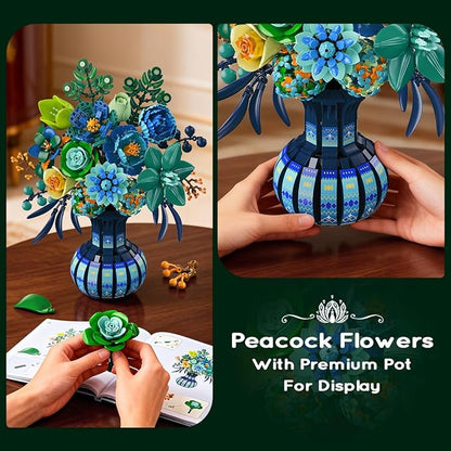 Flowers Building Set with Vase, Valentine's Day Flower Bouquet Botanical Collection Building Block Toy, 1309 PCS Peacock Artificial Plant Bonsai Kit Home Decor, Gift for Her Adults Girls 12+