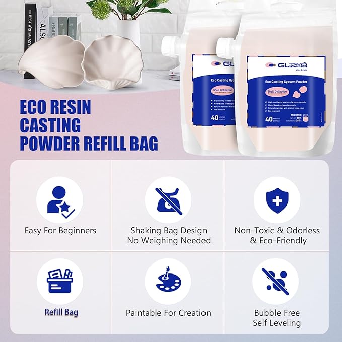Glizma Refill Bag for Shell Kit 1.23lb*2, Resin Casting Powder 560g*2, Fast Curing, 40+ Minutes Demold, Water Activated Plaster Powder, Shaking Bag Design, Easy Mixing and Self Leveling