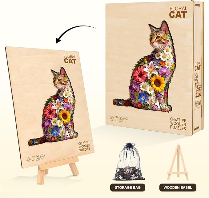Floral cat Puzzles Adults Gifts Wooden 65 Pieces 8.5 * 6.9in