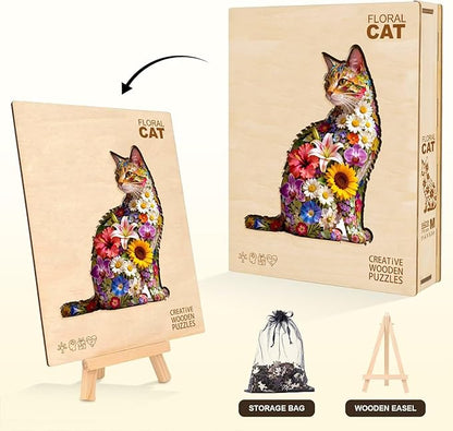 Floral cat Puzzles Adults Gifts Wooden 65 Pieces 8.5 * 6.9in