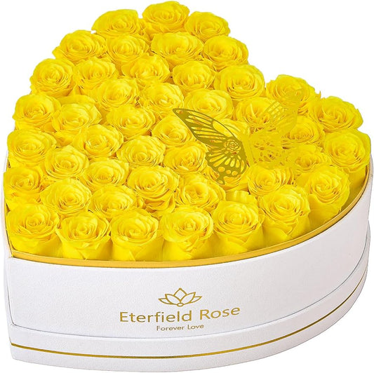 Eterfield 47 Forever Flowers in Heart Shape Box, Preserved Roses That Last a Year Preserved Flowers Birthday Gifts for Her Mom Women Wife Anniversary Valentines Day Mothers Day Christmas, Yellow