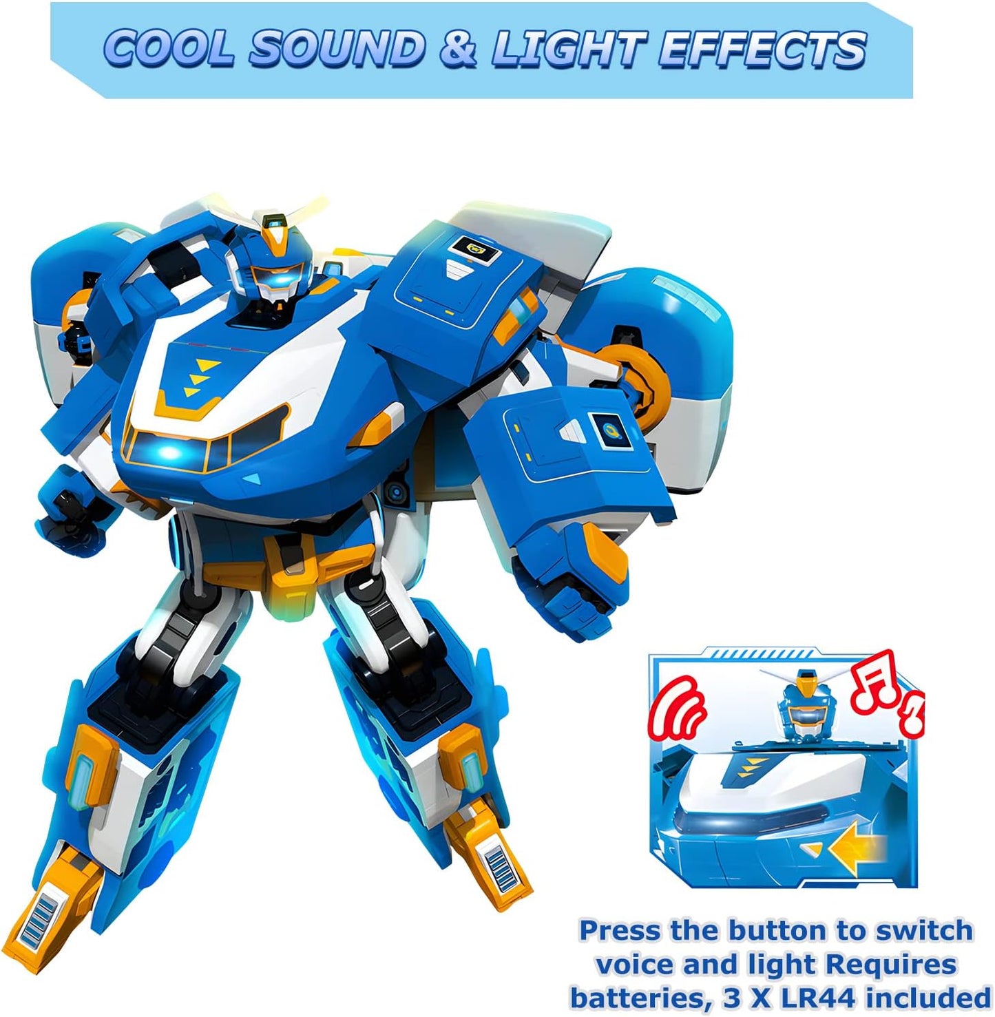 Super Wings 3-in-1 World Aircraft Transforming Robot with Light and Sound Effects, with a 2‘’ Transformable Robot Jett, Transformable Toy for Girls and Boys Aged 3 Years up, Blue