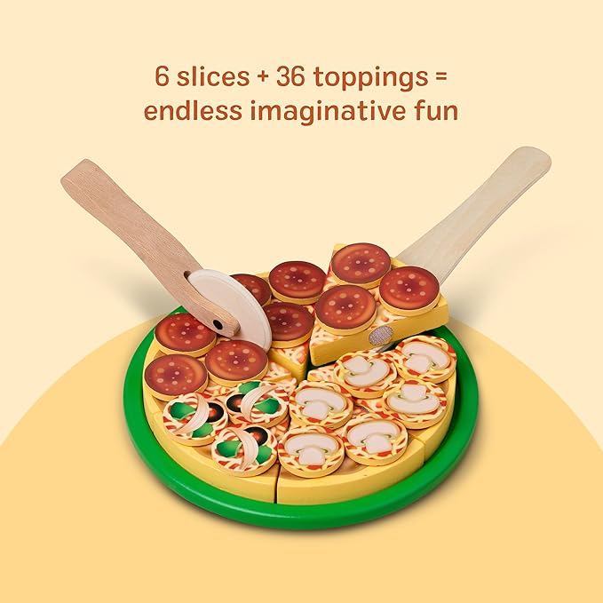 Melissa & Doug Wooden Pizza Party Play Set, 36 Self-Stick Toppings, Pizza Toy Kitchen Set & Play Kitchen Accessories, Preschool Toys for Boys & Girls 3+