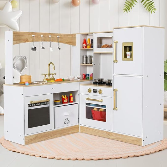 Arlopu Corner Wooden Play Kitchen with Lights & Sounds, Ultimate Pretend Cooking Toy Playset w/Utensils, Oven, Microwave, Stove, Water Dispenser (White)