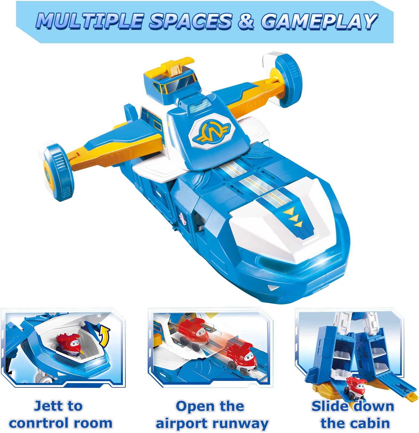 Super Wings 3-in-1 World Aircraft Transforming Robot with Light and Sound Effects, with a 2‘’ Transformable Robot Jett, Transformable Toy for Girls and Boys Aged 3 Years up, Blue