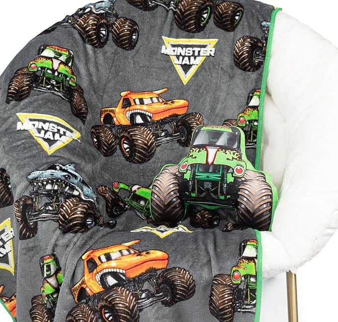 Jay Franco Monster Jam Grave Digger Nogginz Set - 40 x 50 Inch Lightweight Travel Throw Blanket & Pillow - Kids Super Soft 2 Piece Bedding Set