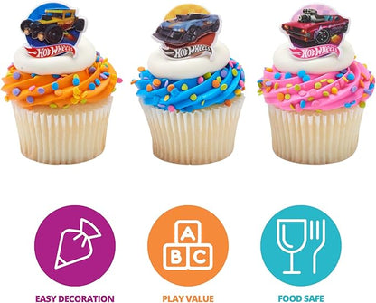 Hot Wheels™ Rings | 24 Epic Stunt Cupcake Toppers | DecoPac Hot Wheels Cars Cake Decorations, Multi-colored, Food Safe & Ready To Use - 24 Pack
