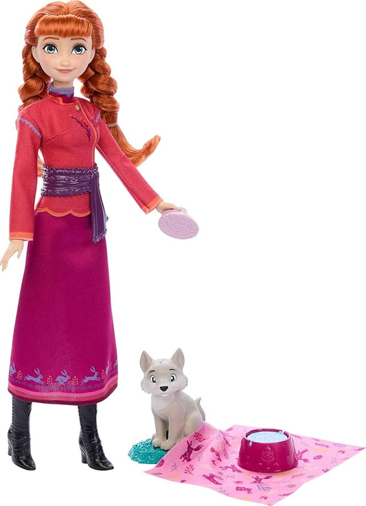 Mattel Disney Frozen Anna Fashion Doll & Wolf Cub Figure with 4 Accessories Including Animal Bed & Blanket, Inspired by Animals of Arendelle