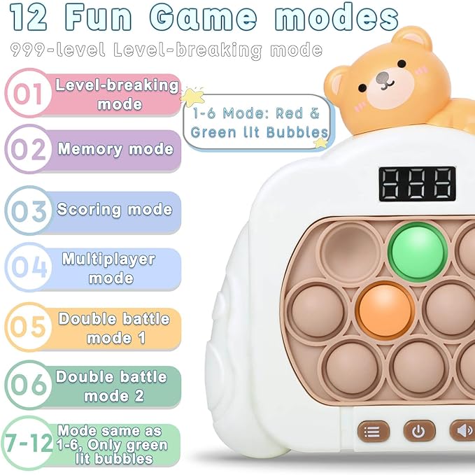 Quick Push Pop Game Fidget Toys, 12 Modes LED Screen Light Up Fast Push Bubble Game, Handheld Speed Pushing Game, Christmas Toys Gifts for 6 7 8 9 10 11 12 Years Old Kids Stocking Stuffers（Bear）