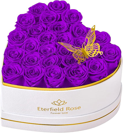 Eterfield 27 Forever Flowers in Heart Shape Box, Preserved Roses That Last a Year Preserved Flowers Birthday Gifts for Her Mom Women Wife Anniversary Valentines Day Mothers Day Christmas, Purple