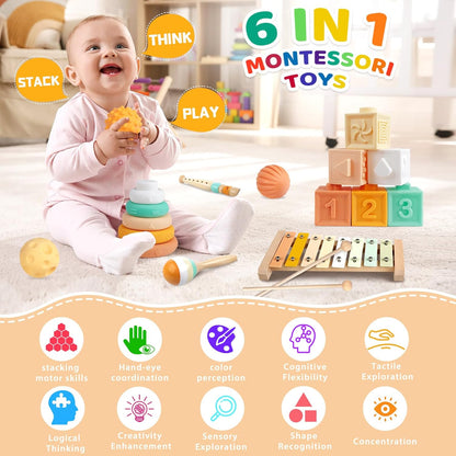 Montessori Toys for 6 Month Old 1+ Year Old 6 in 1 Musical Instruments for Toddler Stacking Blocks Development Learning Educational Toy with Wooden Xylophone for 6 7 8 9 Months Baby Birthday Gift