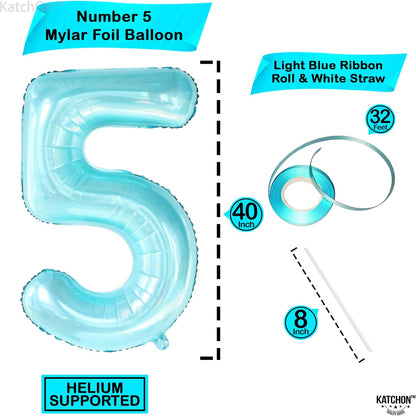 KatchOn, Big Light Blue 5 Balloon Number - 40 Inch | Light Blue Number 5 Balloon, Shark 5th Birthday Decorations for Boys | 5th Birthday Balloons | Mermaid Balloons for 5 Birthday Party Decorations