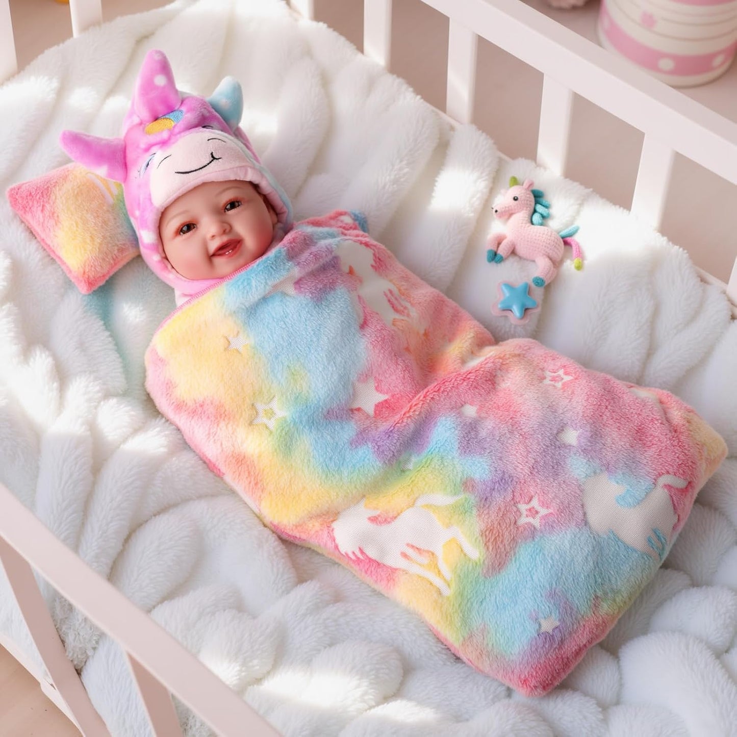 BABESIDE 2 Pcs Reborn Baby Doll Bedding Set for 12-17 Inch Dolls, Unicorn & Star Pattern Doll Blanket and Pillow Set, Soft Plush Bedding for Pretend Play and Dollhouse Accessories