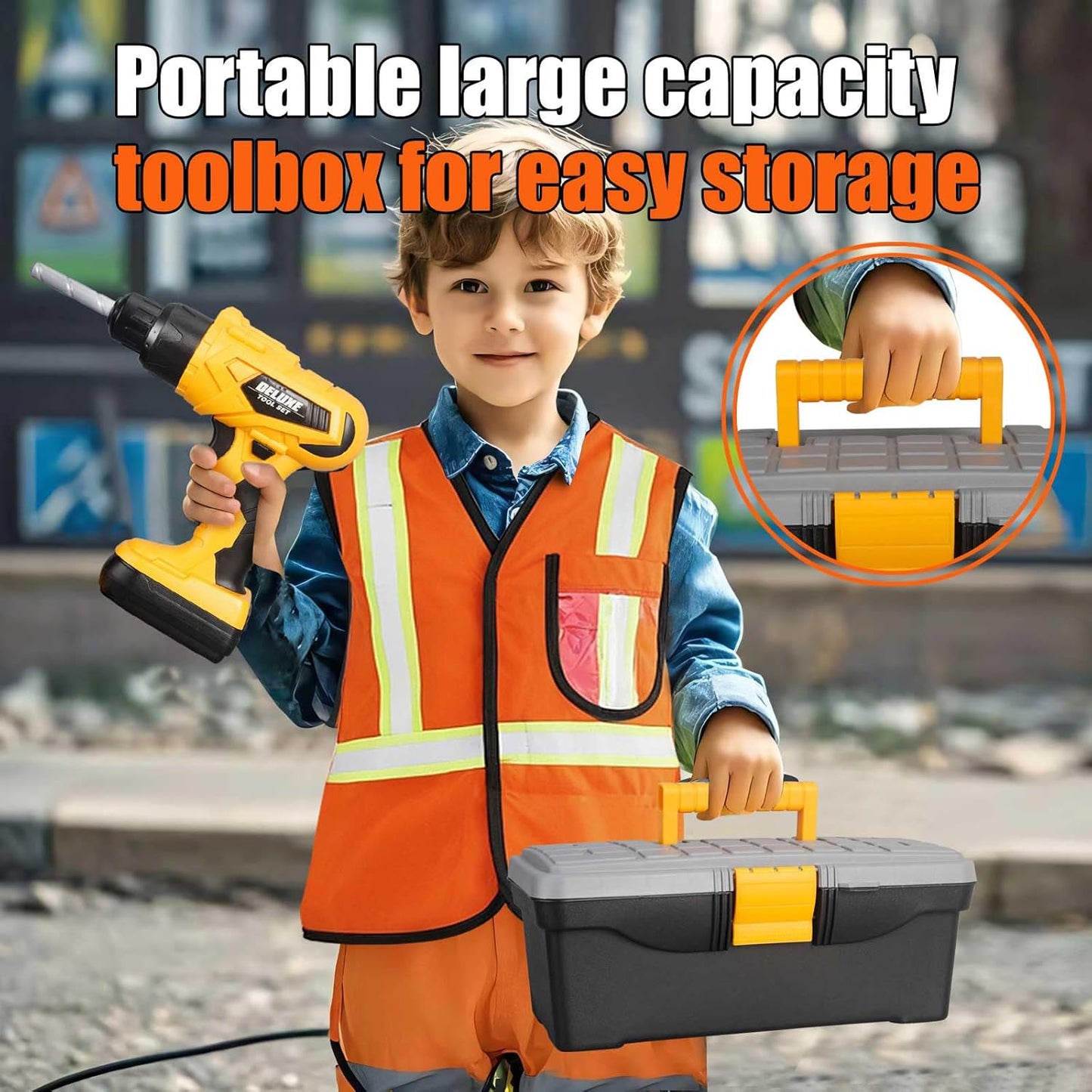 Zealous 48pcs Kids Tool Set with Tool Box & Electronic Toy Drill, Pretend Play Construction Kits for Kids Ages 3-5 Years Old, Toddler Boy Toys