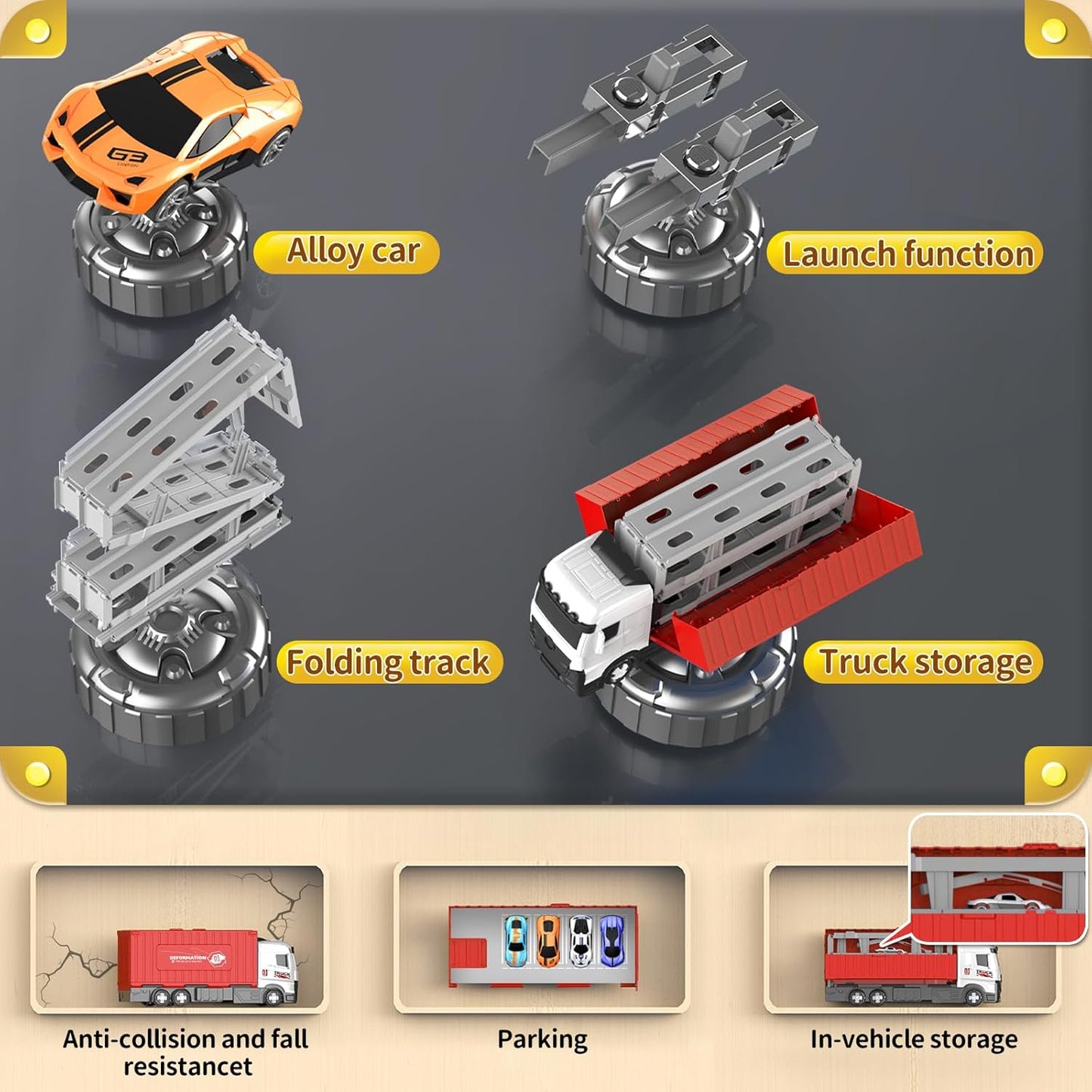 Transformable Truck & 3 Layer Race Track Playset, 62 inch Spring-Powered Track Toddlers Toys with 8 Cars & Parking Garage, Toy Trucks for Kids Ages 3-6, Birthday & Xmas Gifts for Boys Girls