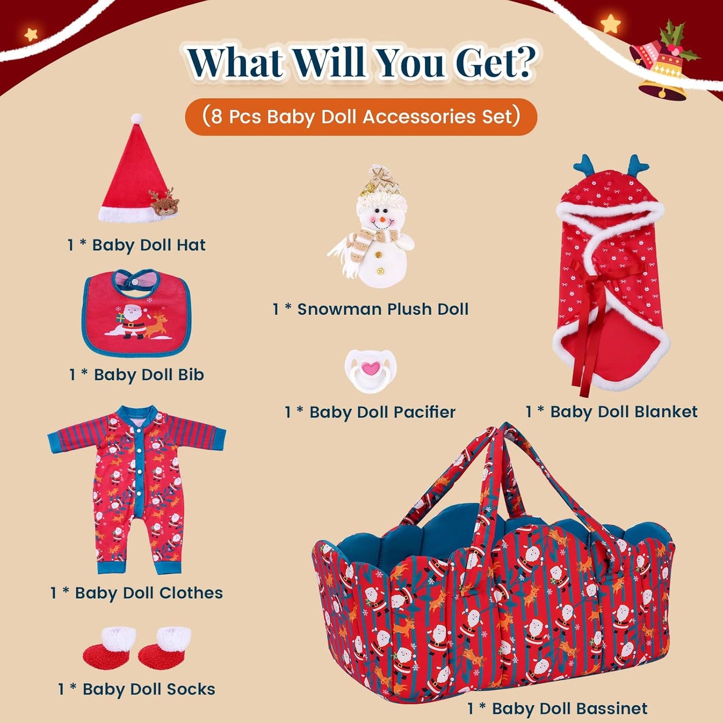 BABESIDE 8 Pcs Christmas Reborn Baby Doll Clothes Set with Bassinet for 17–22 Inch Babydolls, Dolls Santa Outfit with Doll Blanket Snowman Toy and Baby Dolls Accessories, Ideal Gift for Kids 3+