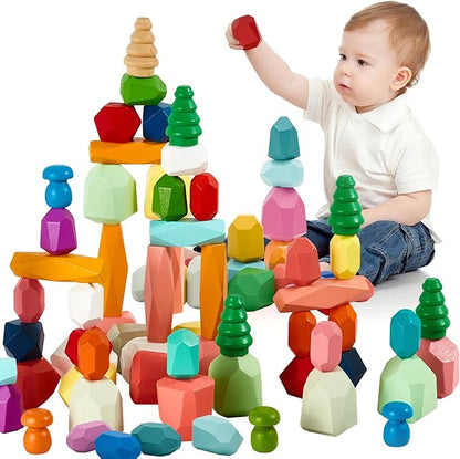 58PCS Montessori Wooden Stacking Rocks Toys Colorful Stacking Stones Building Blocks Games Sensory Toy for Toddlers Educational Learning Toys for 1 2 3 4 5 6 Years Old Kids