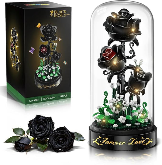 Flower Building Set with LED Light - 232 PCS Black Rose Building Blocks Kit with Dust Cover, Valentine's Day Gift for Her Grilfriend Wife 3.6MM Flower Botanical Collection Block Toy Home Decor