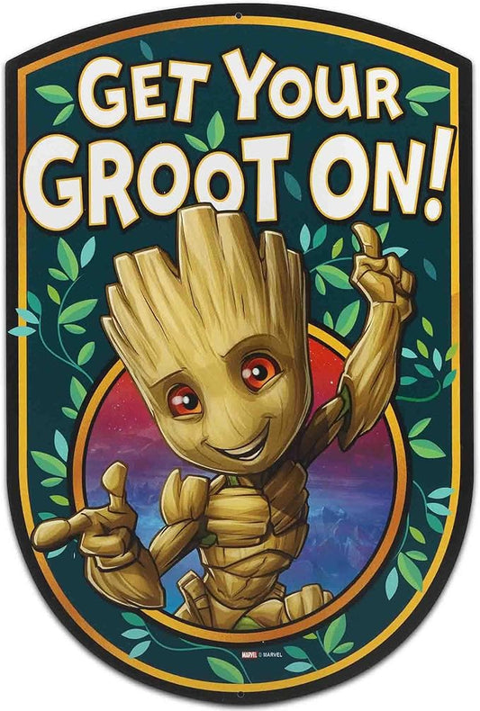 Open Road Brands Marvel Guardians of the Galaxy Baby Groot Metal Sign - Get Your Groot On Sign for Bedroom or Movie Room
