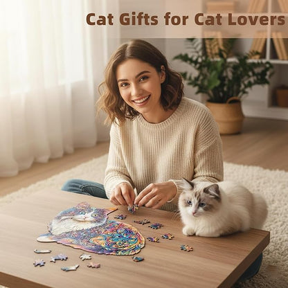 Lazy Cute Cat Wooden Puzzles, Unique Animal Shape Wood Puzzle, Jigsaw Puzzles for Adults Christmas Thanksgiving Gifts for Cat Lovers Friends Family, 95 Pieces 8.5x7.7in