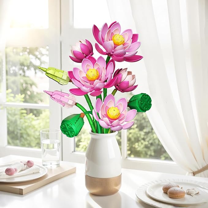 Lotus Flowers Botanical Building Set with Vase, Compatible with Lego Flowers Botanicals Collection, Pink Artifcial Flower Bouquet with Vase for Indoor Outdoor, 710 PCS