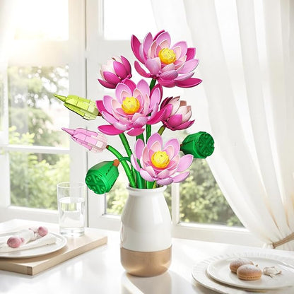 Lotus Flowers Botanical Building Set with Vase, Compatible with Lego Flowers Botanicals Collection, Pink Artifcial Flower Bouquet with Vase for Indoor Outdoor, 710 PCS