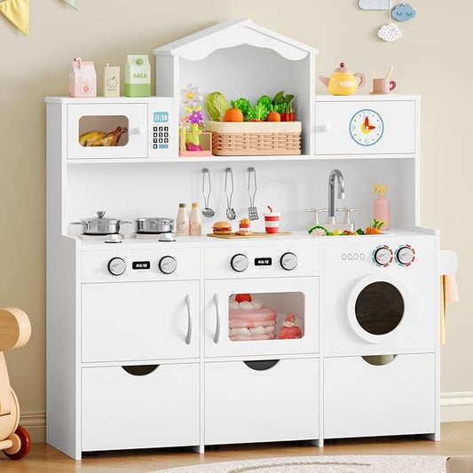 Keyluv Wooden Play Kitchen for Kids and Toddler, Montessori Toy Kitchen Playset with Plenty of Pretend Play Features and Storage Drawers, Gift for Boys and Girls, White
