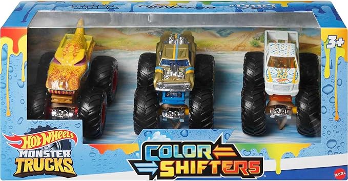 Hot Wheels Monster Trucks 1:64 Color Shifters, 3-Pack of Toy Trucks That Change Decos in Ice Cold Water & Change Back in Warm Water, Toy for Kids, HGX20