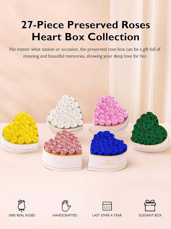 Eterfield 27 Forever Flowers in Heart Shape Box, Preserved Roses That Last a Year Preserved Flowers Birthday Gifts for Her Mom Women Wife Anniversary Valentines Day Mothers Day Christmas, Light Pink
