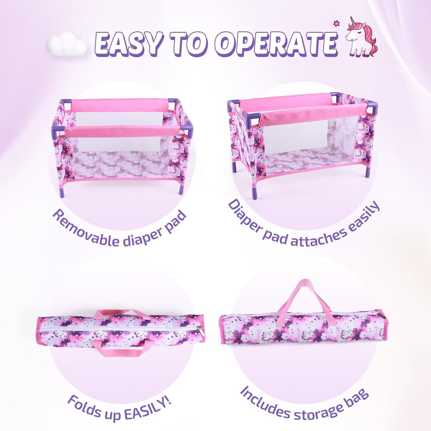 BABESIDE Reborn Baby Doll Crib Set for 17-21 Inch Dolls, Foldable Baby Doll Playpen Toy Crib with Storage Bag for Reborn Baby Doll Accessories, Purple Babydoll Pack and Play