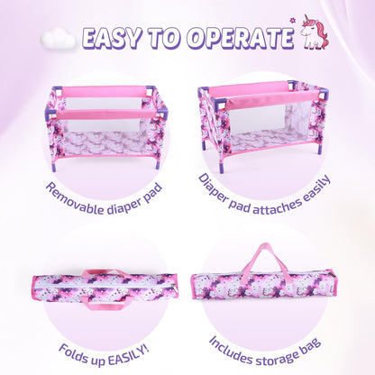 BABESIDE Reborn Baby Doll Crib Set for 17-21 Inch Dolls, Foldable Baby Doll Playpen Toy Crib with Storage Bag for Reborn Baby Doll Accessories, Purple Babydoll Pack and Play