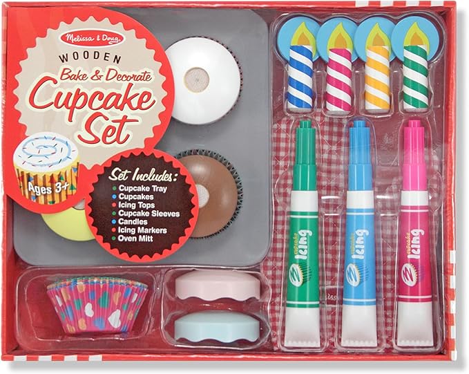 Melissa & Doug Bake & Decorate Wooden Cupcake Kit, with Play Food, Toppings & Play Kitchen Accessories, Preschool Learning Toys for Girls & Boys 3+