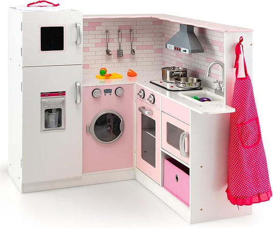 OLAKIDS Kids Corner Kitchen Playset, Pink Wooden Play Kitchen for Toddlers with Lights and Sounds, Washing Machine Range Hood Ice Maker Cookware Apron Hat, Pretend Play Toys Cooking Gift for Girls