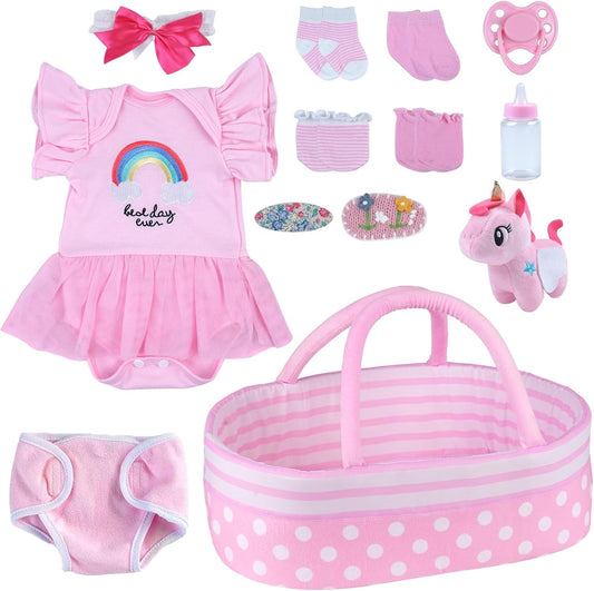 BABESIDE Reborn Baby Doll Accessories for 17–22 Inch Dolls,13 Pcs Baby Doll Clothes and Unicorn Gift Set Includes Bassinet, Onesie, Pacifier, Bottle, Plush Toy – Pretend Play Gift for Girls Ages 3+