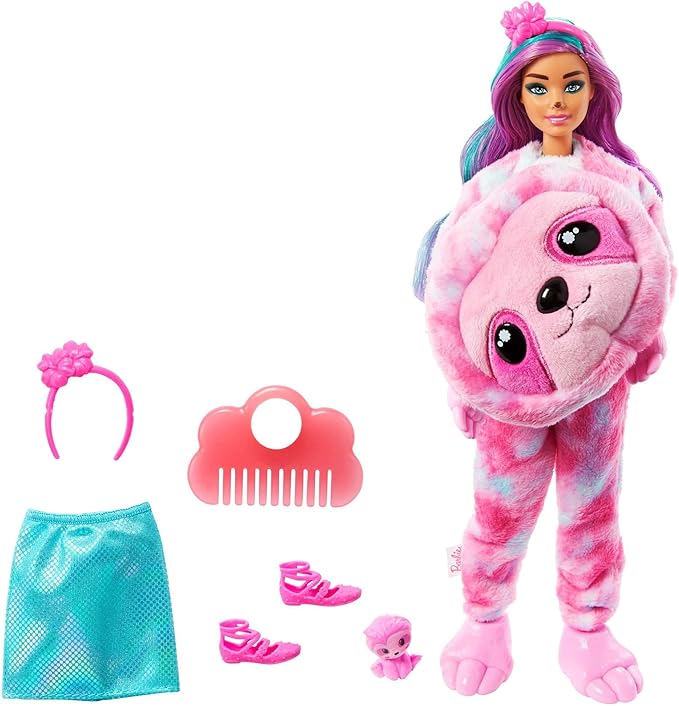 Barbie Cutie Reveal Doll, Fantasy Series Sloth Plush Costume, 10 Surprises Including Mini Pet & Color Change