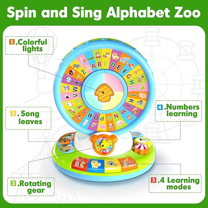 Toys for 1 2 3 Years Old Boys Girls, Musical Spin & Sing Alphabet Zoo with Lights & Sounds, Learning Educational Toys for Toddler 1-3, Christmas Birthday Gifts for Baby Kids Age 6-9-12-18 Months