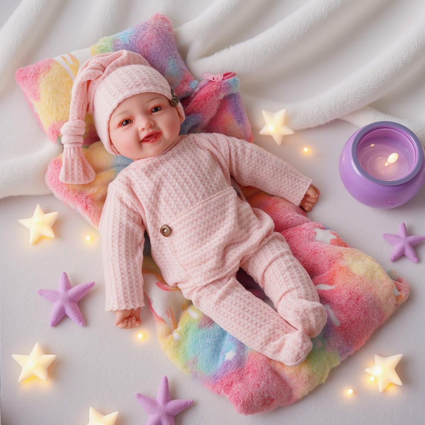 BABESIDE 2 Pcs Reborn Baby Doll Bedding Set for 12-17 Inch Dolls, Unicorn & Star Pattern Doll Blanket and Pillow Set, Soft Plush Bedding for Pretend Play and Dollhouse Accessories