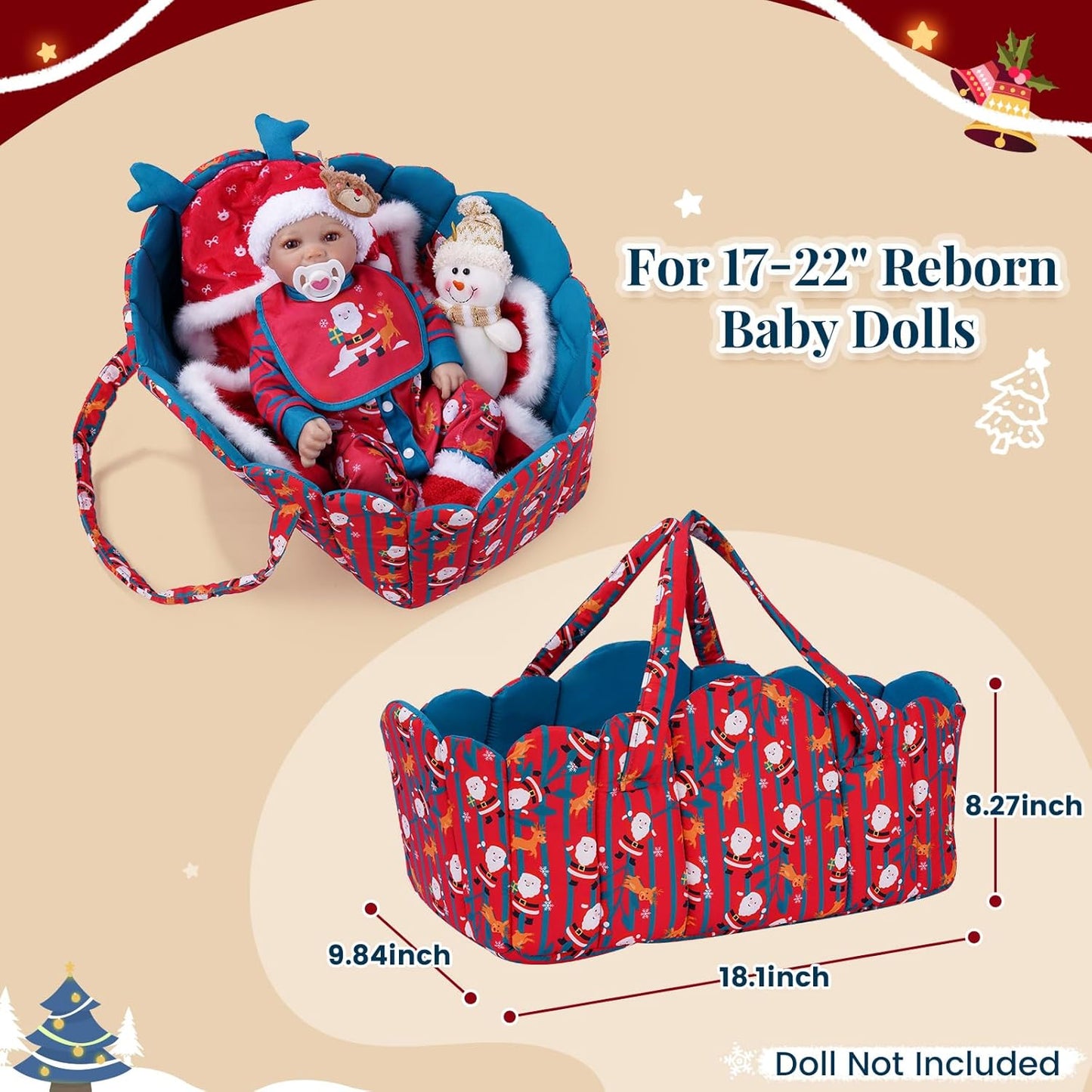 BABESIDE 8 Pcs Christmas Reborn Baby Doll Clothes Set with Bassinet for 17–22 Inch Babydolls, Dolls Santa Outfit with Doll Blanket Snowman Toy and Baby Dolls Accessories, Ideal Gift for Kids 3+