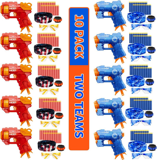 Banvih 10 Packs Small Gun Set for Nerf Party Supplies & Favors, for Boys' Birthday Party -10 Bulk Mini Pistol Blasters, Goggles, Masks, Wristbands, 200 Foam Darts