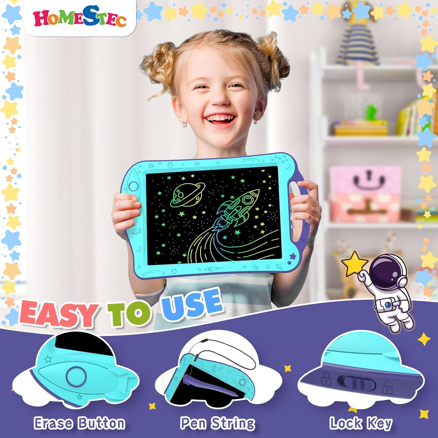 [ClimatePartner Certified] HOMESTEC Astrodraw Drawing Pad, Colorful LCD Writing Tablet for Kids, Doodle Board for Toddlers 3 4 5 6 Years Old, Travel Toy Birthday Gift for Boys Girls (Aqua/Purple)